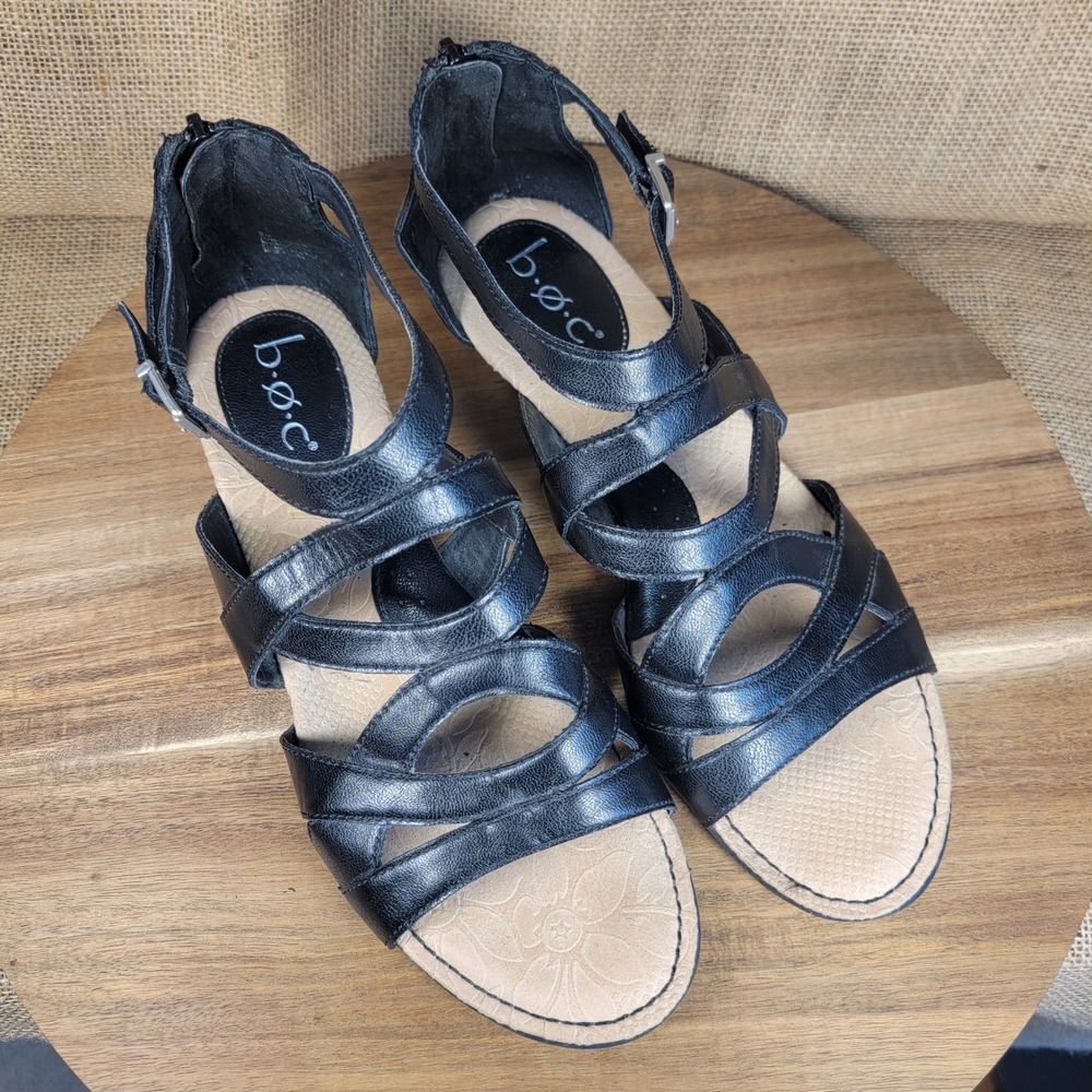 b.ø.c. Born Concept Strappy Wedge Sandals Cage Multi Strap Black Women's Size 9M